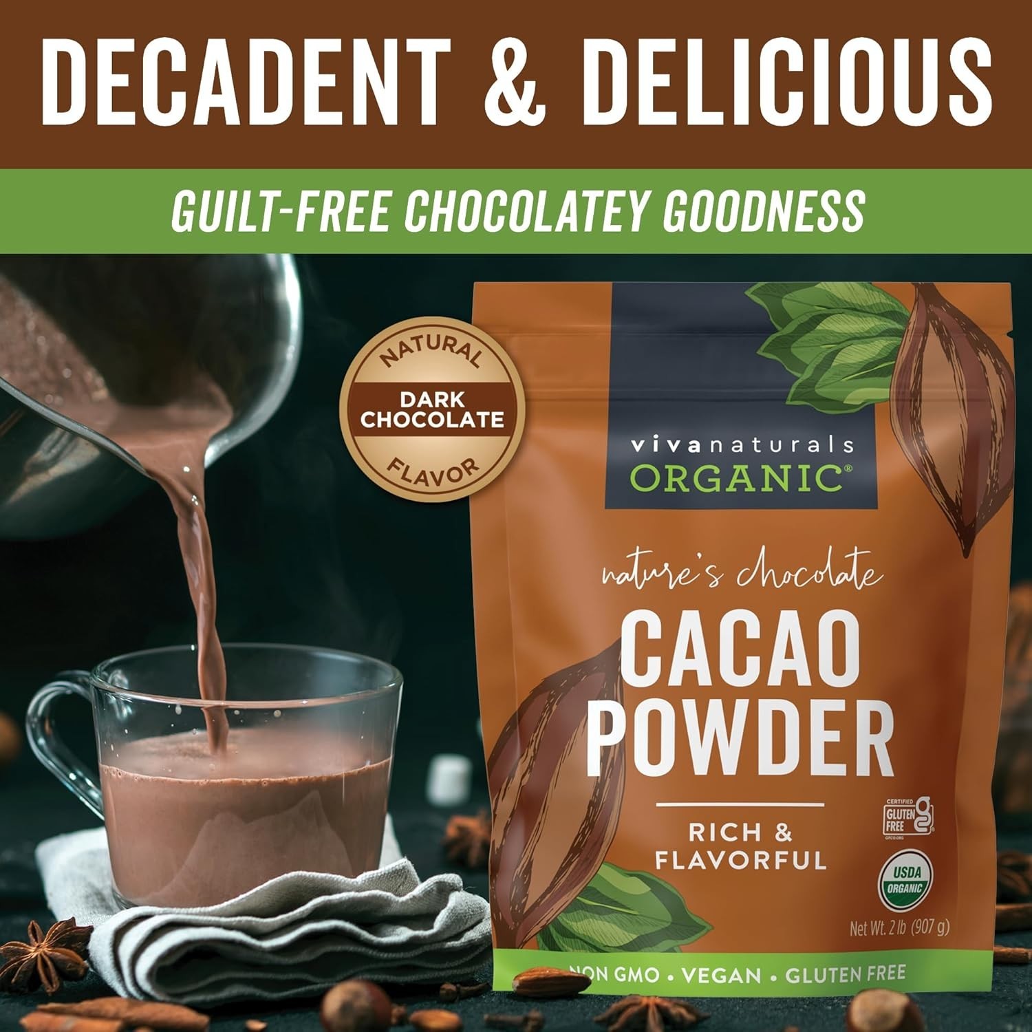 Organic Cacao Powder, Unsweetened, 2 lb 907 g Rich Dark Chocolate Flavor 2 Pound gallery