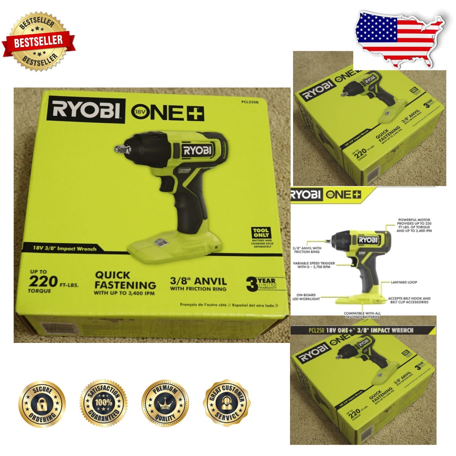 High Torque 18V Cordless 3/8" Impact Wrench - 220 ft-lbs, Tool Only gallery