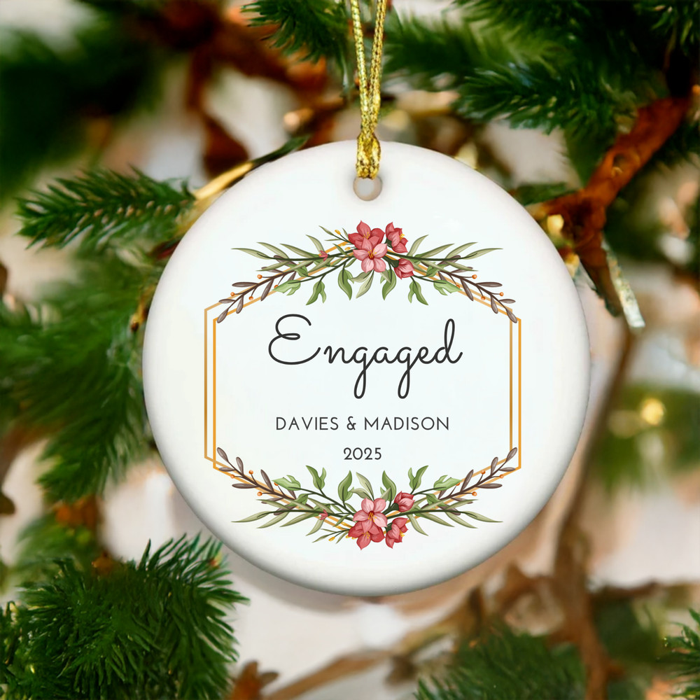Personalized Engaged Ornament Geometric Gold Frame Floral Wreath Custom Couples