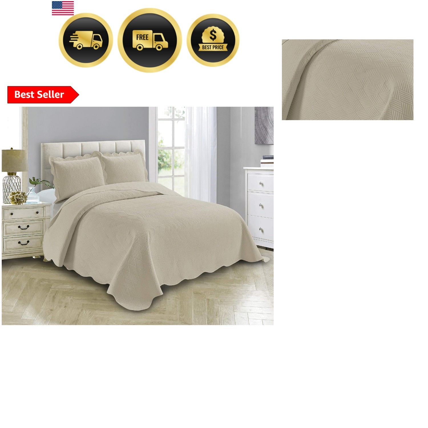 Luxury Oversized Coverlet Embossed Bedspread Set Solid Beige Full/Queen Bed C... gallery