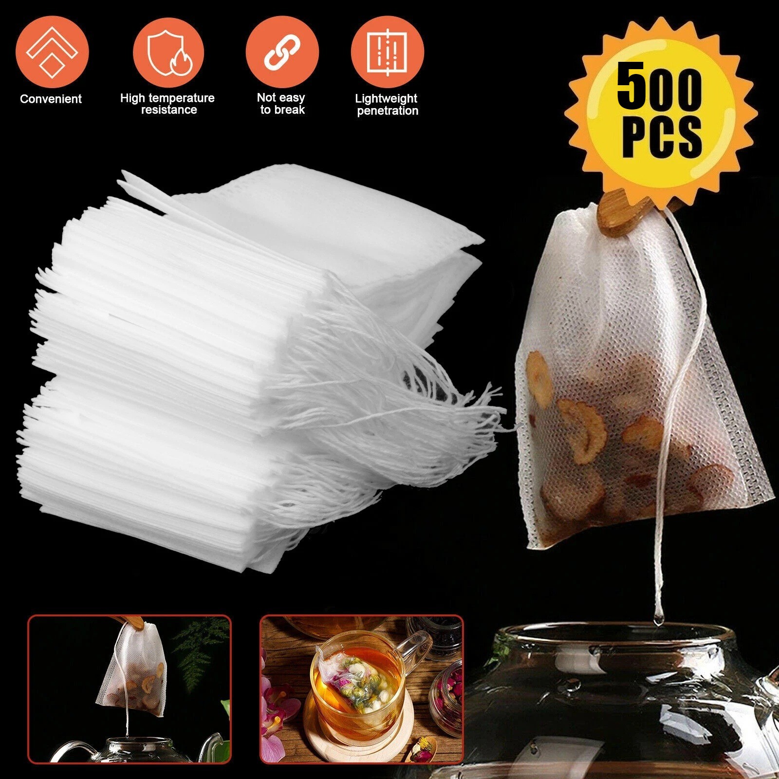 500Pcs Tea Bags Disposable Drawstring Flip Empty Teabags Herb Loose Teas Filters gallery