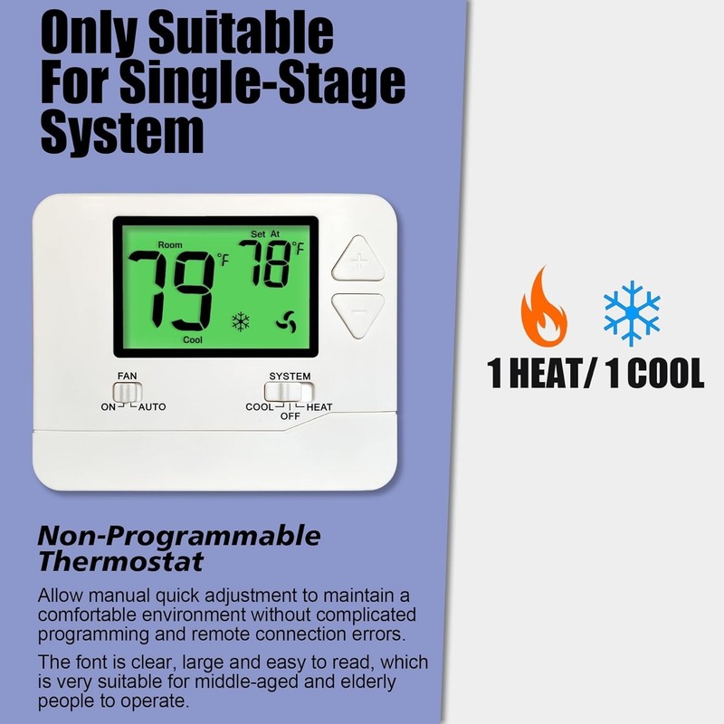 User-Friendly Non-Programmable Thermostat with Large Green Backlit Display gallery