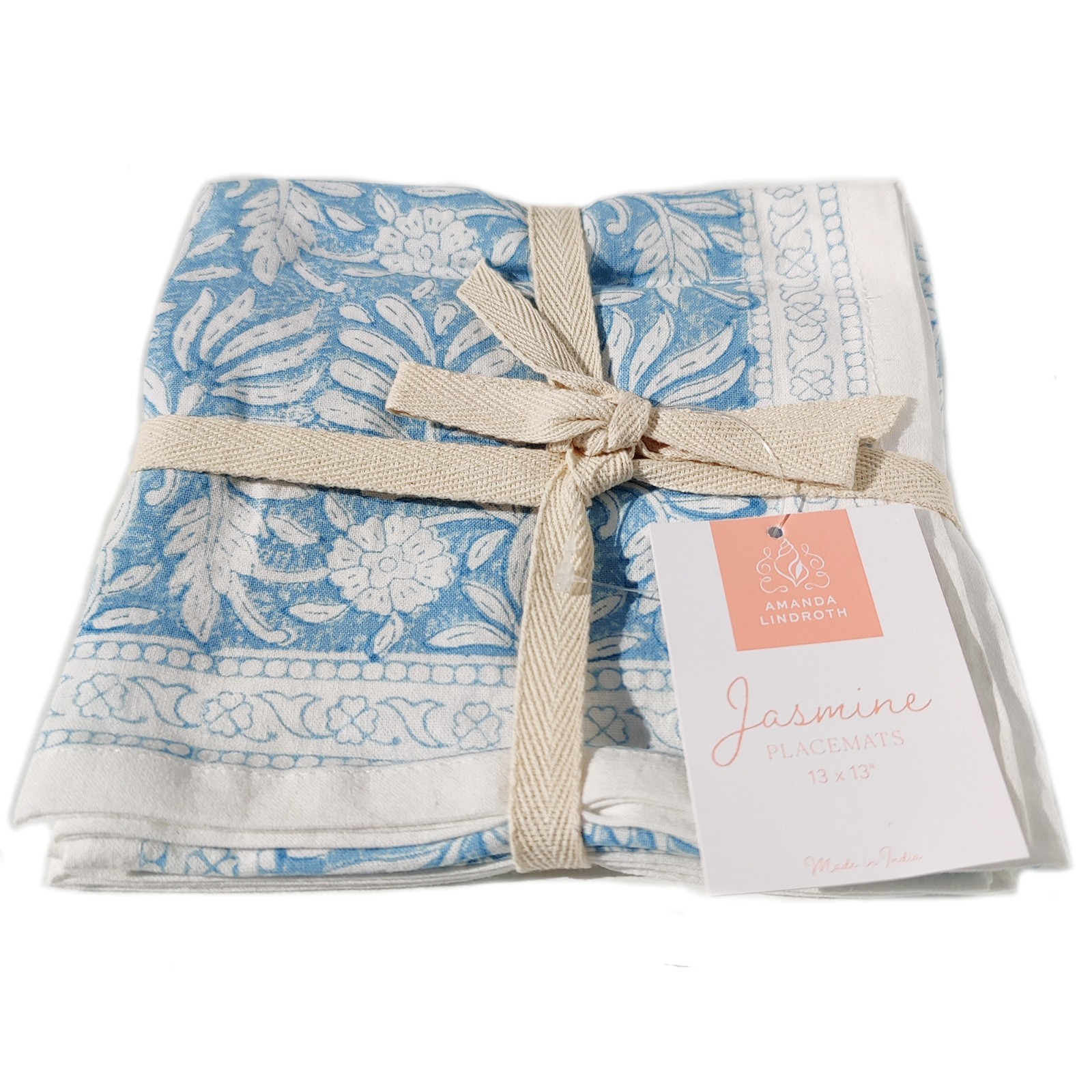 Amanda Lindroth Jasmine Linen Placemats 13" Square in Blue 100% Cotton Set of 4 gallery