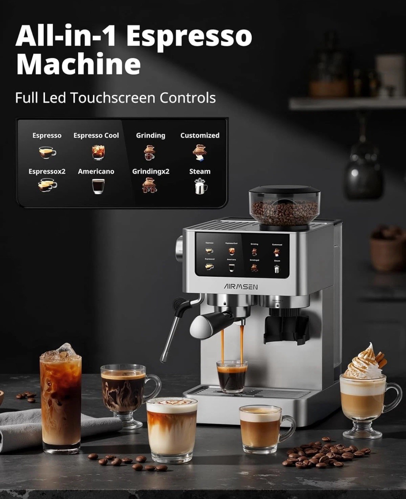 Airmsen Espresso Machine with Burr Grinder All-in-One Stainless Steel 20 Bar gallery