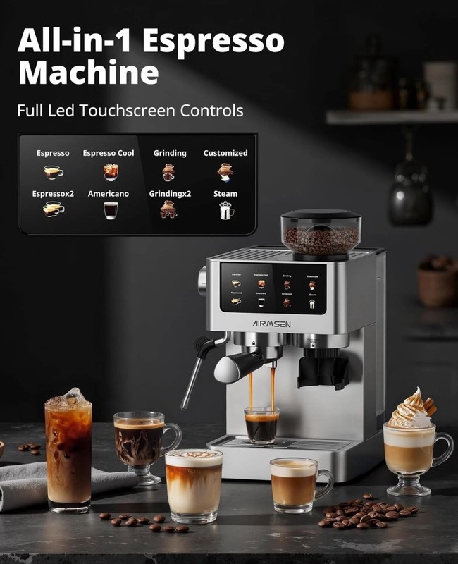 Airmsen Espresso Machine with Burr Grinder All-in-One Stainless Steel 20 Bar gallery