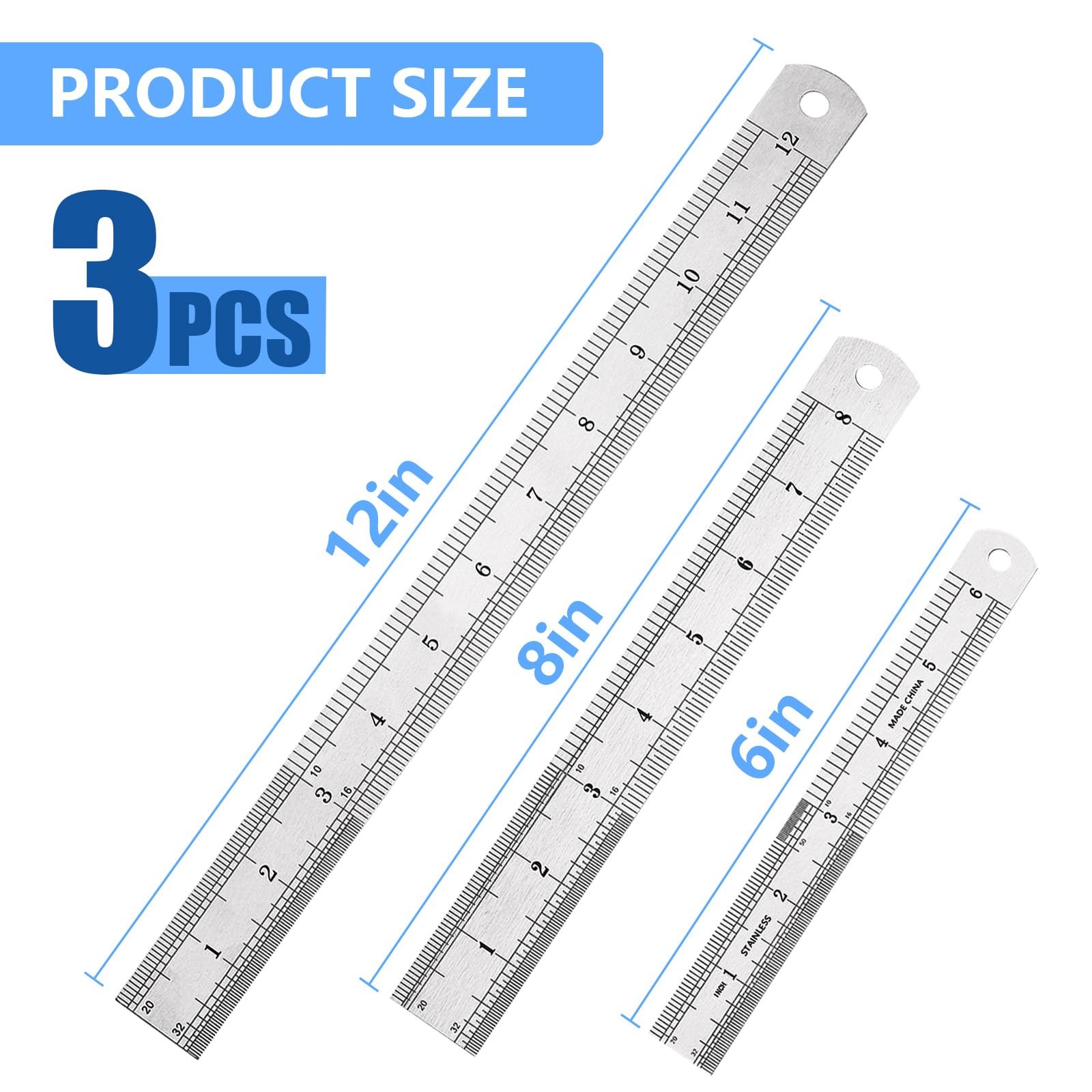 DTDNZKN 3 Pack Stainless Steel Ruler Set - Includes 6 inch 15 mm, 8 inch gallery