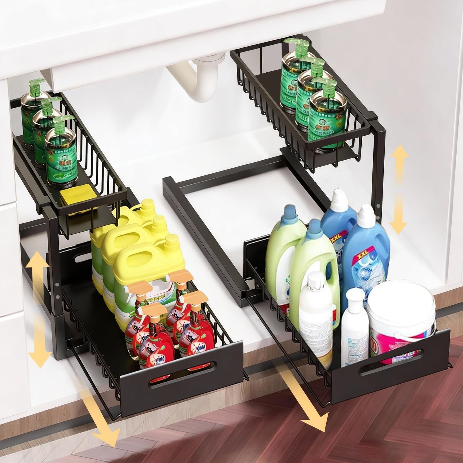 NUNET 2 Pack Under Sink Organizer, Height Adjustable Pull Out Cabinet Shelf, ... gallery