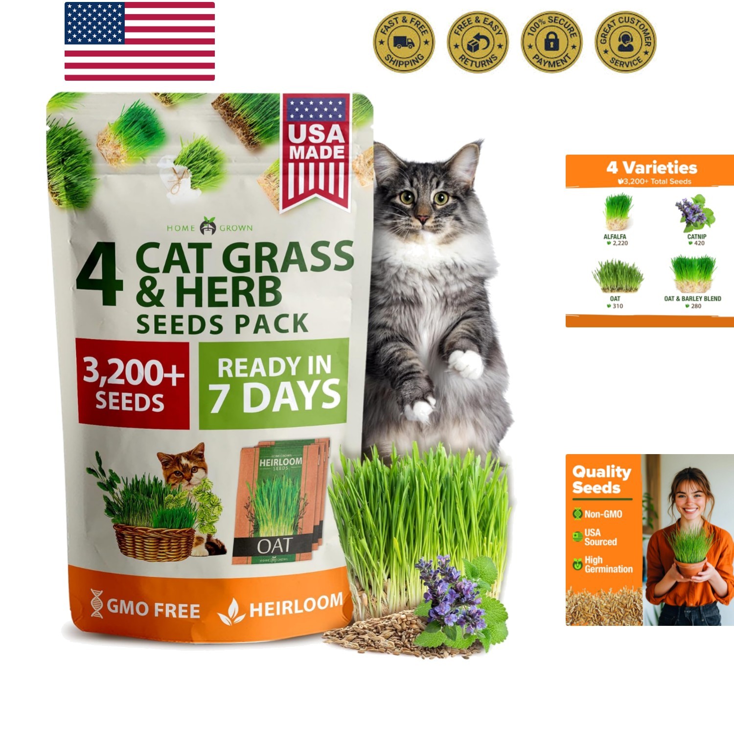 3200+ Indoor Cat Grass Refill – Non-GMO Grown Catnip, Oat & Alfalfa Seeds – ... gallery