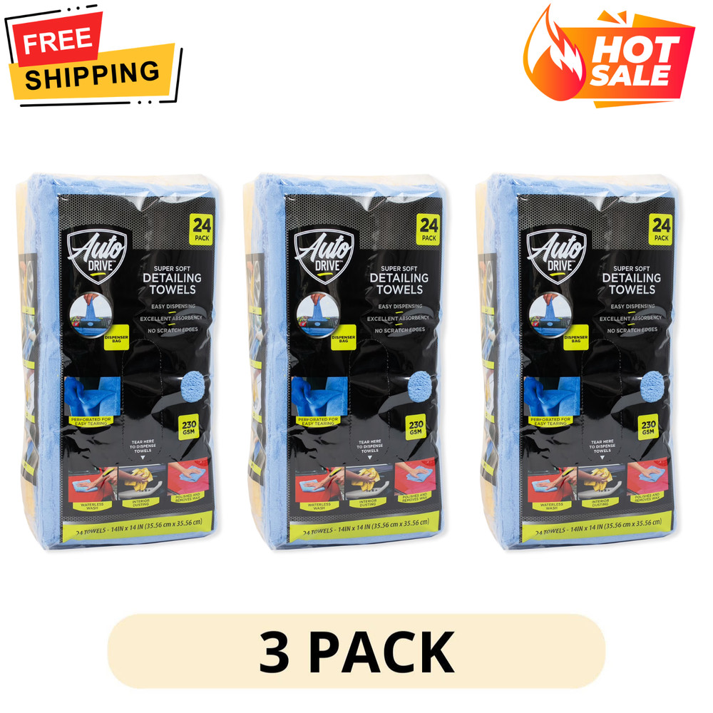 (3 Pack) Auto Drive Multi Purpose Microfiber Cleaning Towels 24-Wipes Detailer