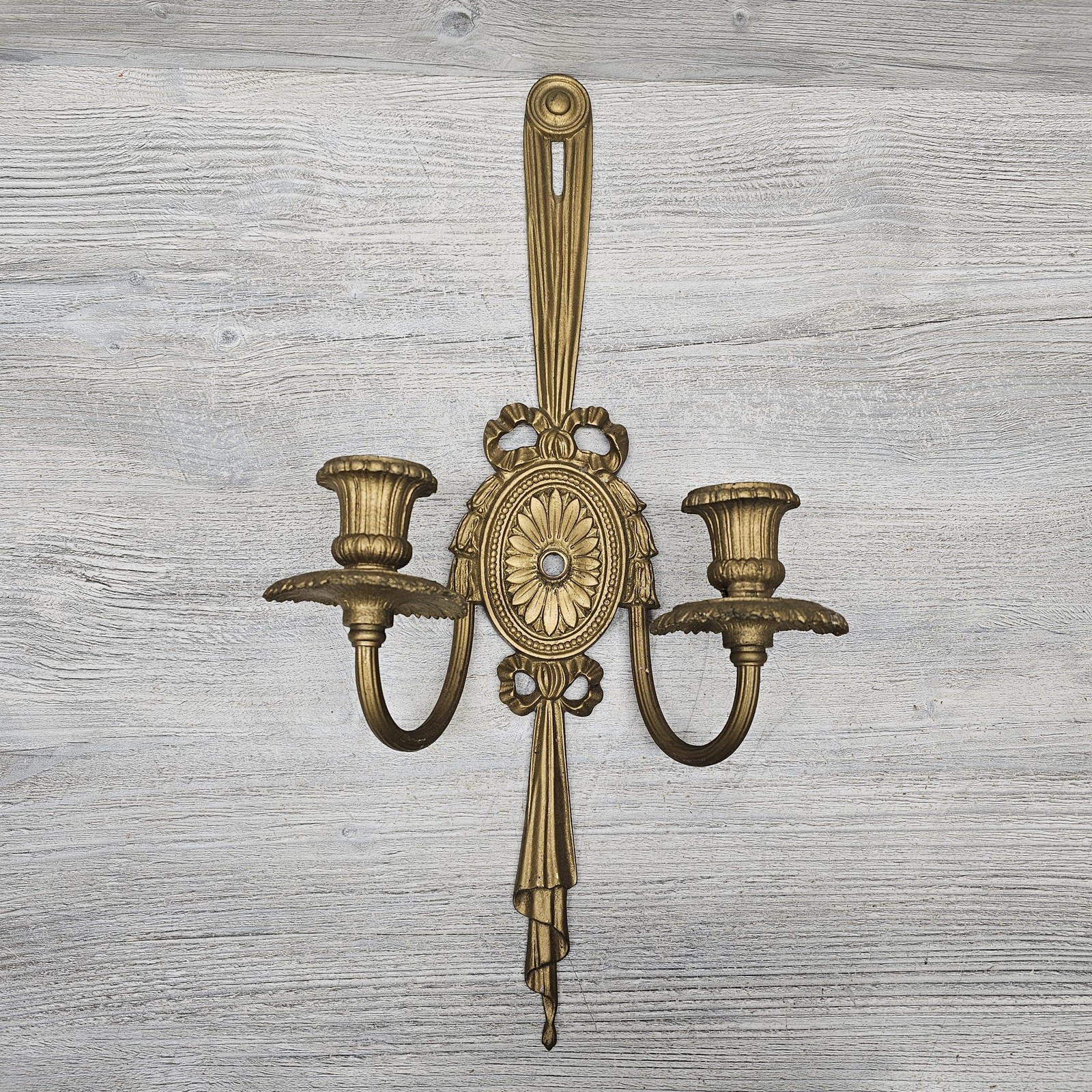 Vintage Metal Double Arm Ornate NeoClassical Wall Candlestick Sconce Has Damage gallery