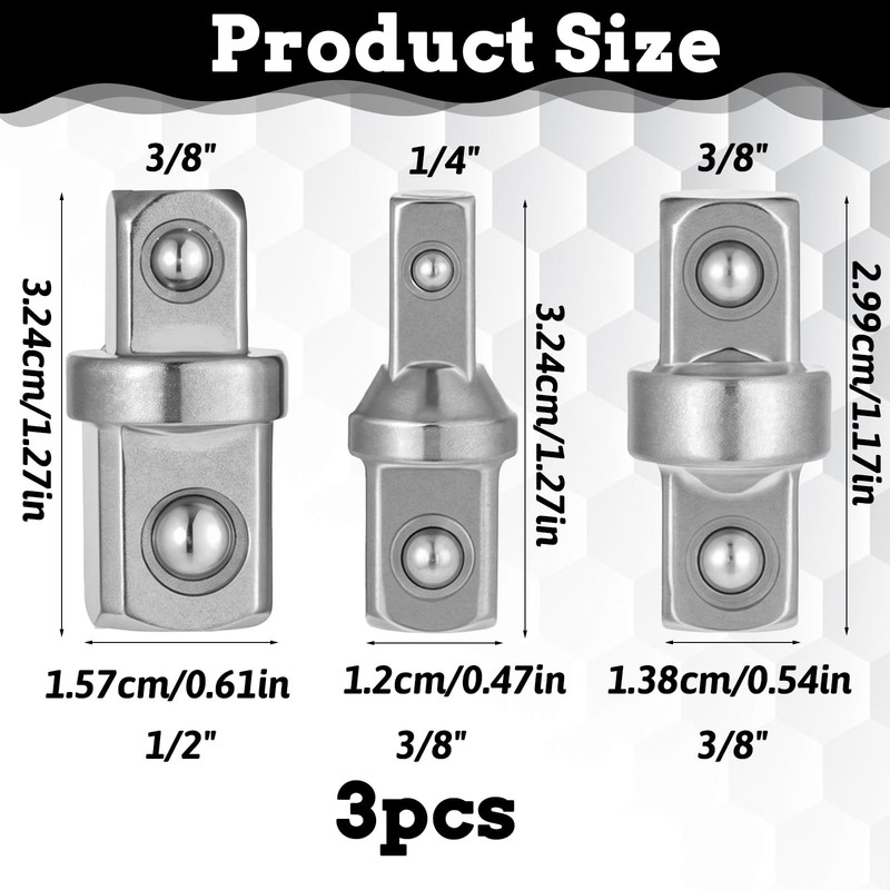 3 PCS 1/2" 1/4" 3/8" Square Drive Adapters, Ratcheting Wrench to Silver gallery