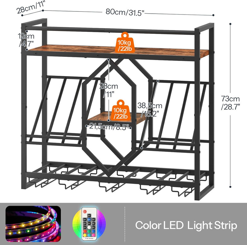 LED Wall Mounted Wine Rack, 3 Tier Shelf with Glass Holder, Rustic Brown & Black gallery