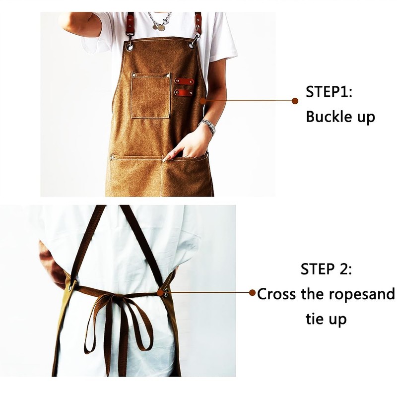 Kitchen Apron Canvas (2 Pack), Chef Apron Cross Back Adjustable Apron with 3 ... gallery