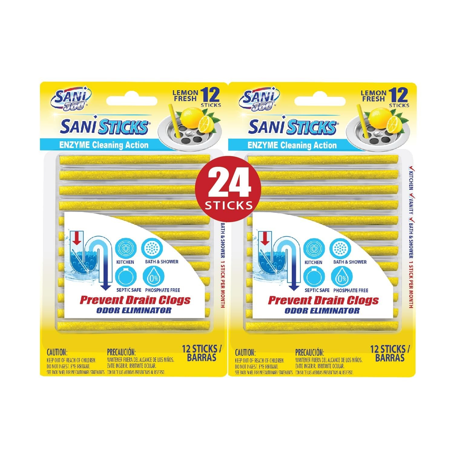 SANI 360° Sani Sticks Drain Cleaner and Deodorizer, 24 Count, Lemon Scent Enz... gallery