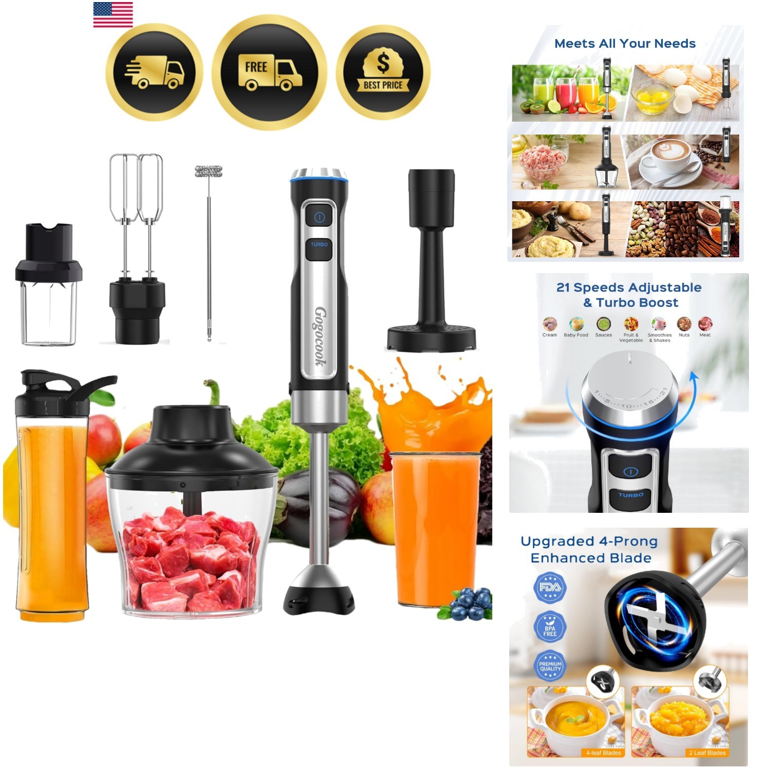Immersion Blender Handheld 8 in 1 Hand Blender, Electric Blender Max 1000W Im... gallery