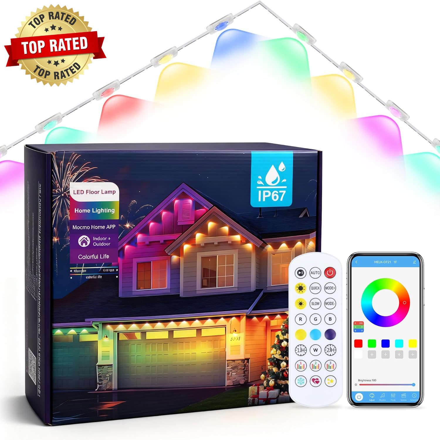 148FT 54Leds RGB Permanent Outdoor Lights, Control, IP67 Waterproof under Eave L gallery