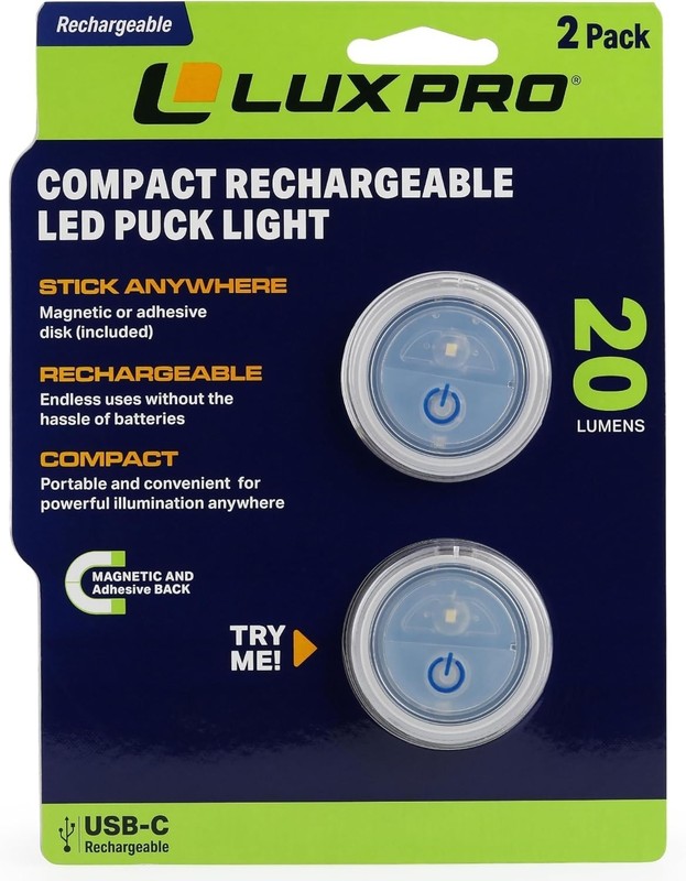 LUXPRO Waterproof Micro LED Rechargeable Puck Lights - Mini Puck Lights - 2 Pack gallery