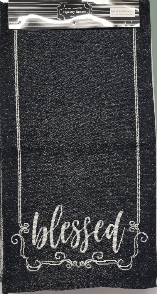 Short Tapestry Table Runner (13" x 48") INSPIRATIONAL,BLESSED, BLACK & WHITE, HC