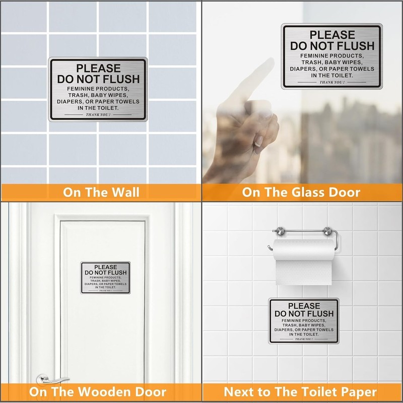 (2 PACK) Do Not Flush Sign for 9 x 6 inches, Brushed Aluminum /Black gallery