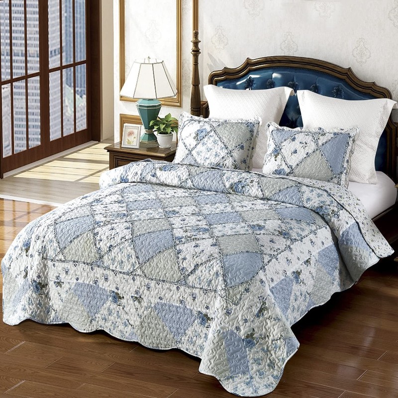 Blue Floral Patchwork Quilt Set, Full Queen Size, 3 Piece Bedding Set with 2 ... gallery