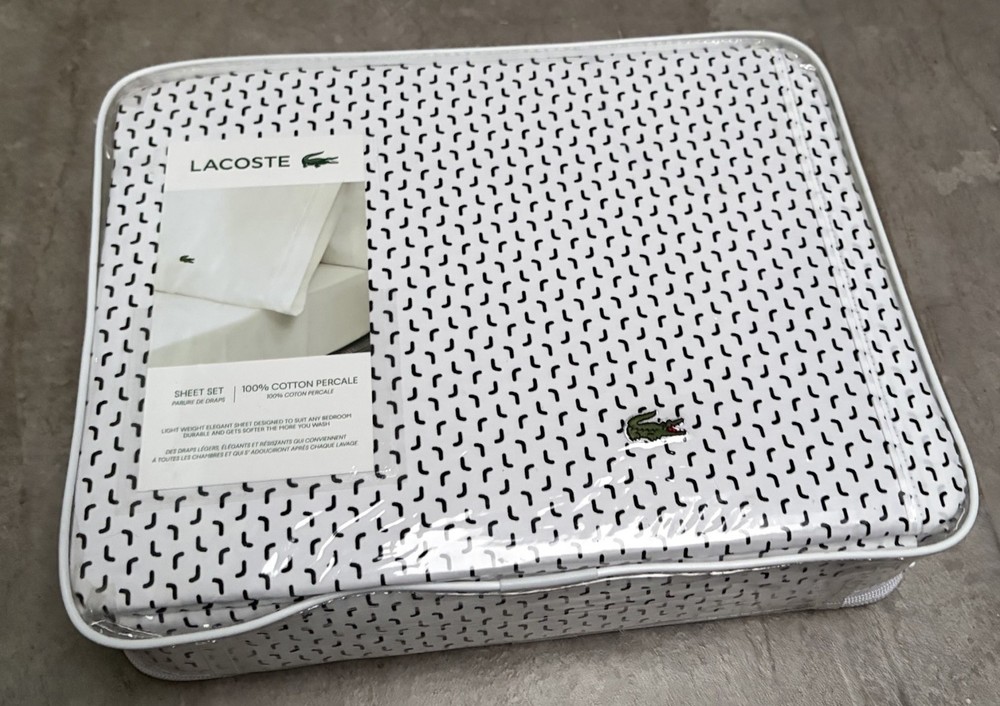 Lacoste King Sheet Set Cotton Percale Boomrang Print White & Black (Anthracite)