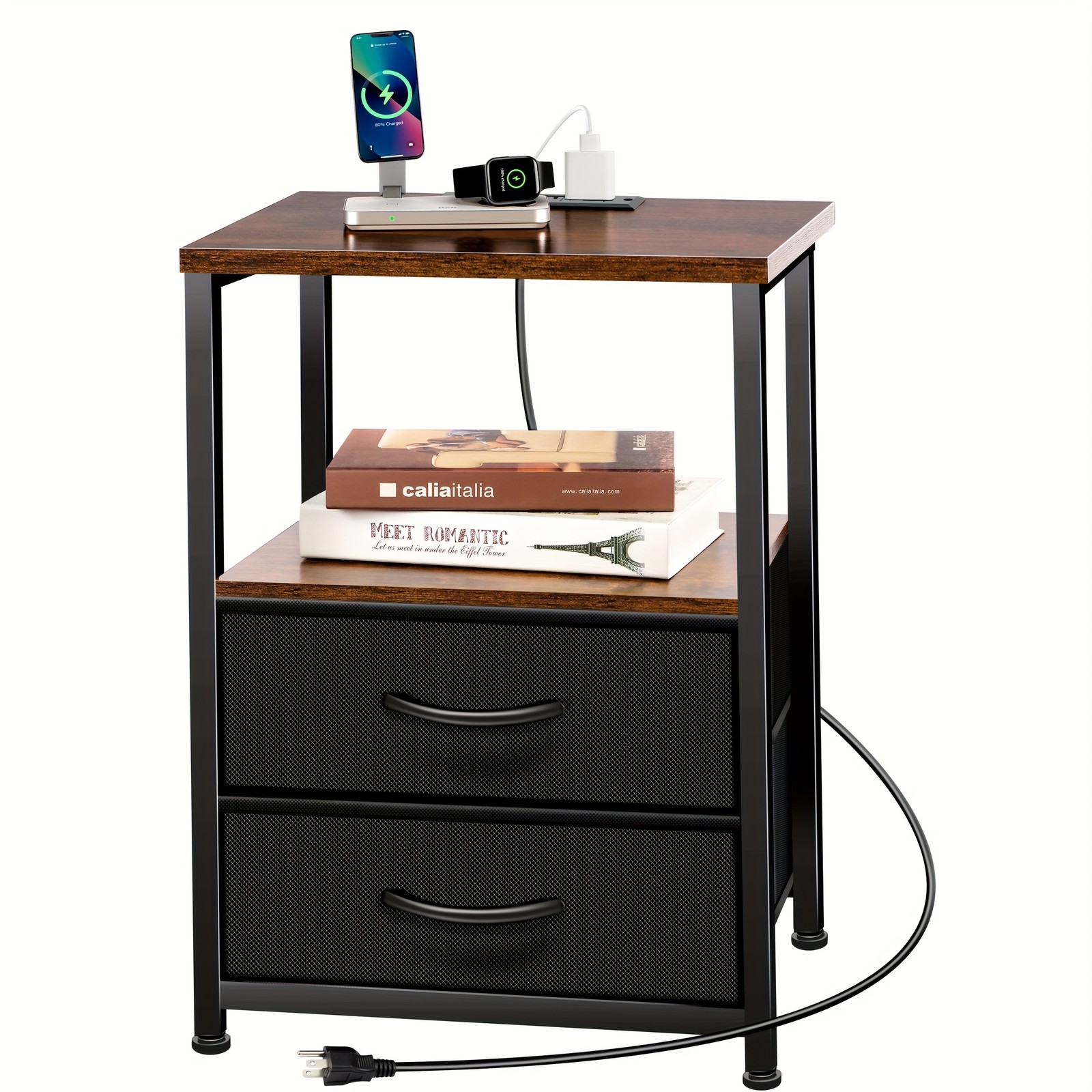 Led Nightstand with Charging Station 2 Drawers Night Stand Black Bedside Table gallery