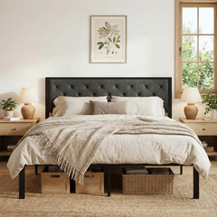 SHA CERLIN King Size Metal Platform Bed Frame,Linen Upholstered Button Tufted He
