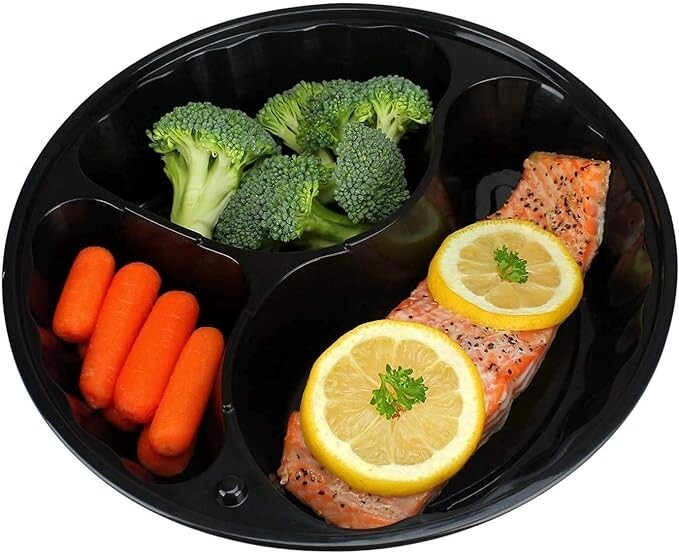 Meal Prep 48 oz Three Compartment Food Containers with Lids 10 Pack Black Round gallery