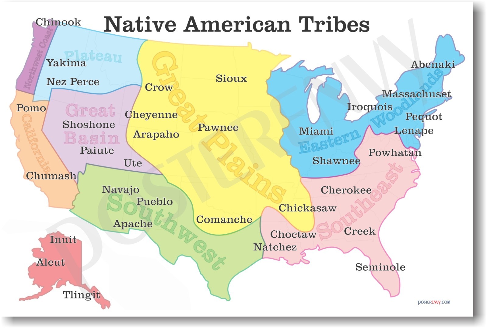 NEW American History Educational Classroom POSTER - Native American Tribes Map gallery