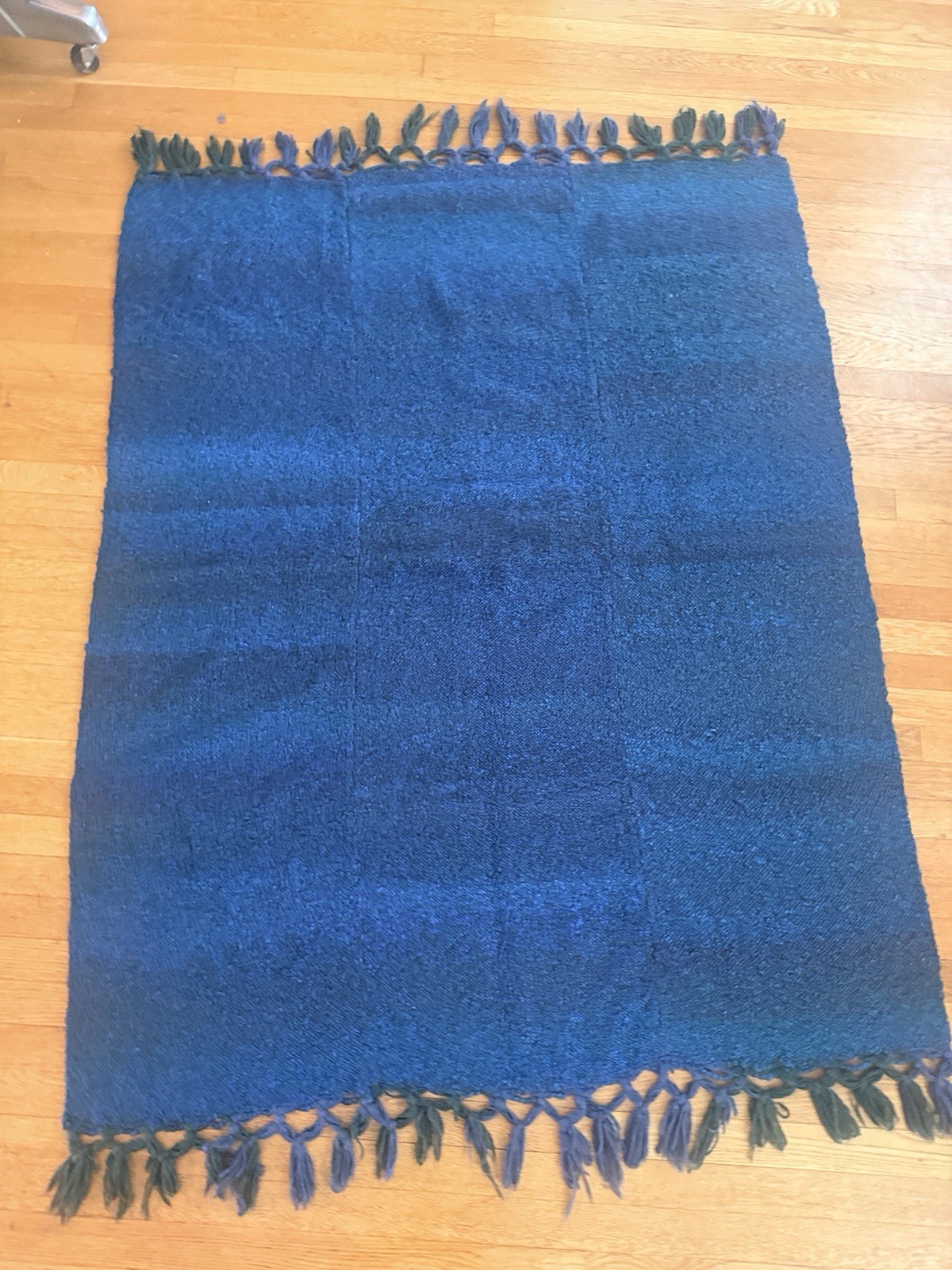 Vintage Hand Loomed Artisan Throw Blanket Heavy Woven Teal Fringe 48x60 gallery