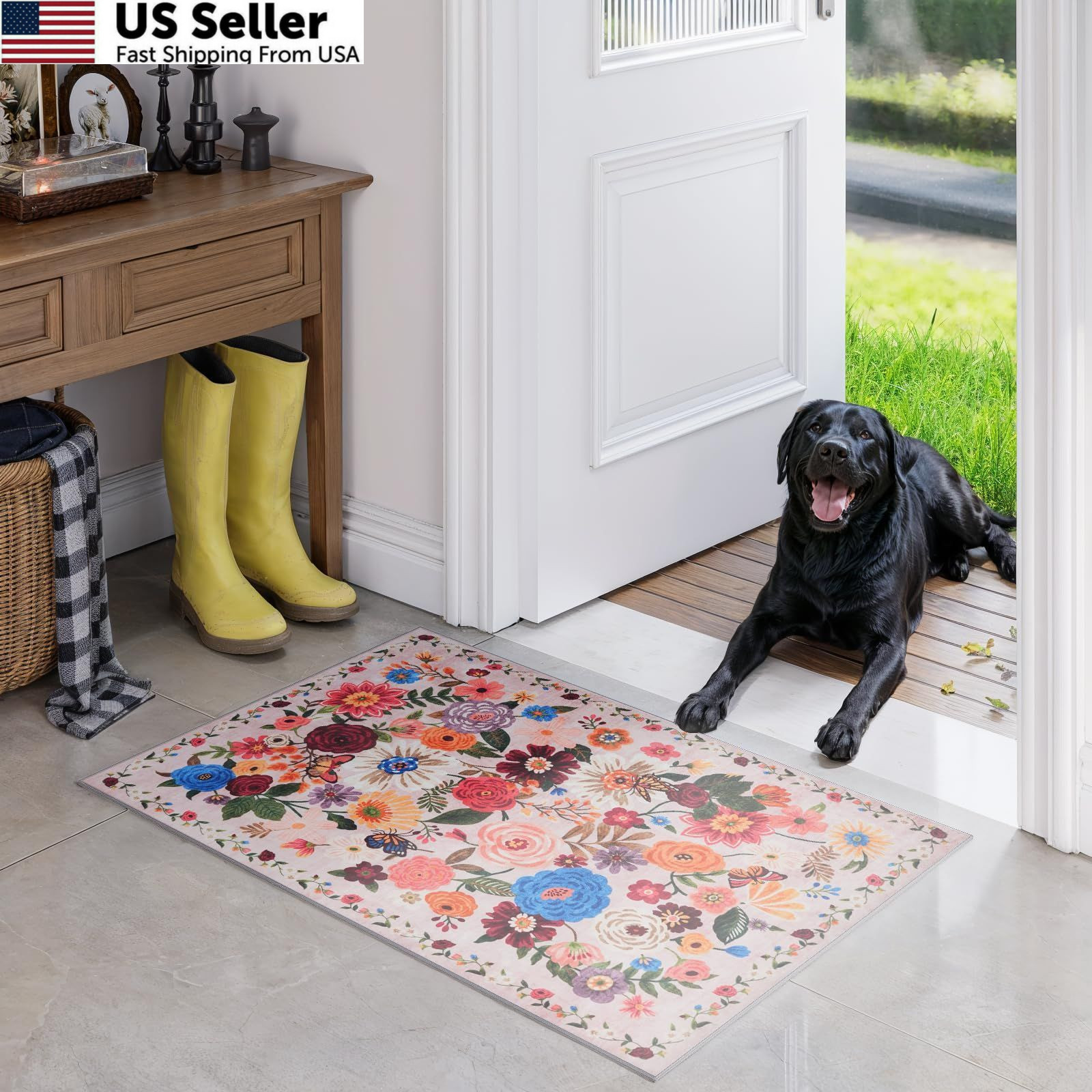 Blush Floral Rug for Entryway, 2X3 2' x 3' (Rectangular), Beige gallery