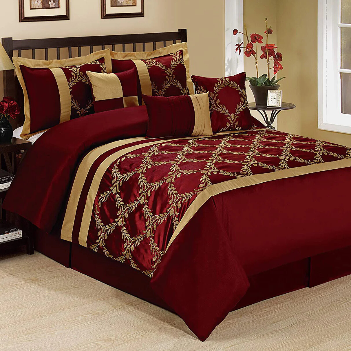 HIG 7 Pieces Comforter Set, Taffeta Fabric Embroidered Bed In A Bag - Queen King gallery