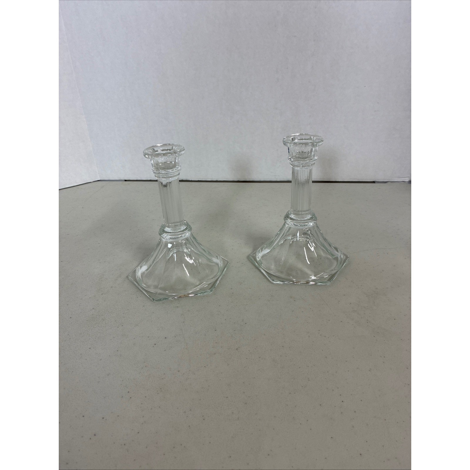 Clear Glass Hexagon Base Candlestick Holders Ribbed Stem Set of 2 6.5 Inch gallery