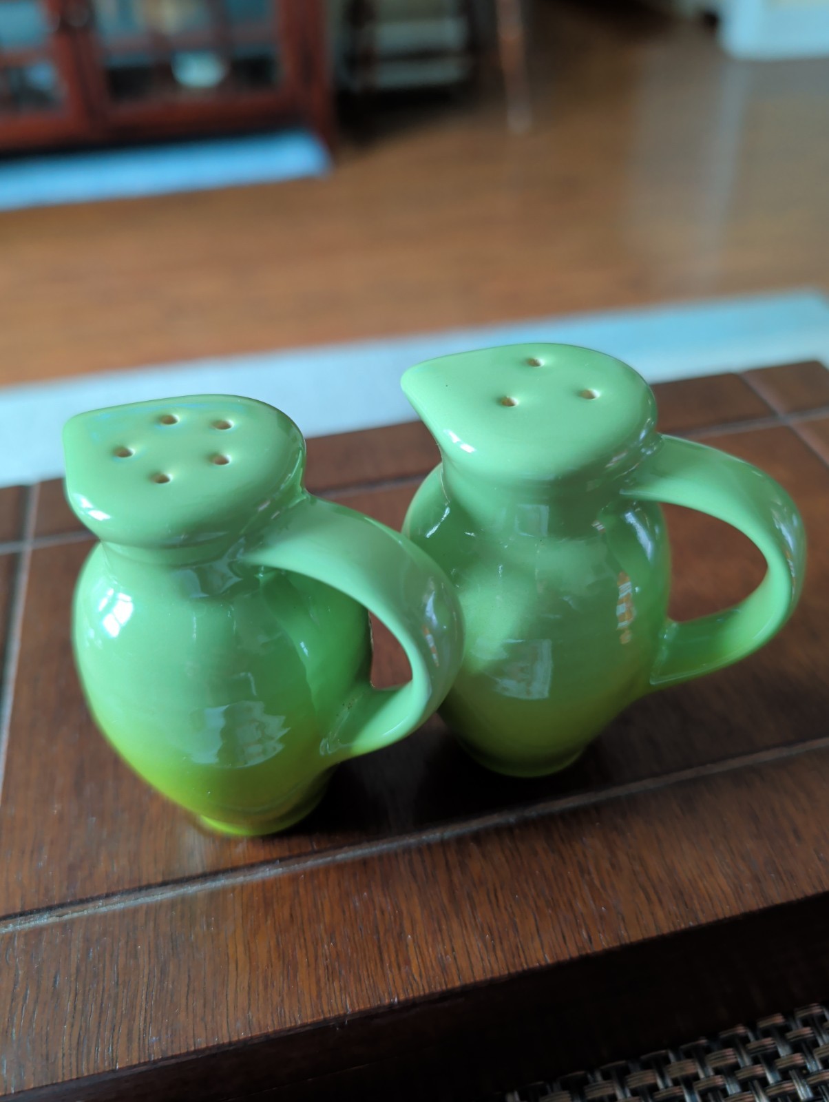 Le Creuset Salt & Pepper Shakers Light Green Farmhouse Pitcher Jug Style EUC gallery