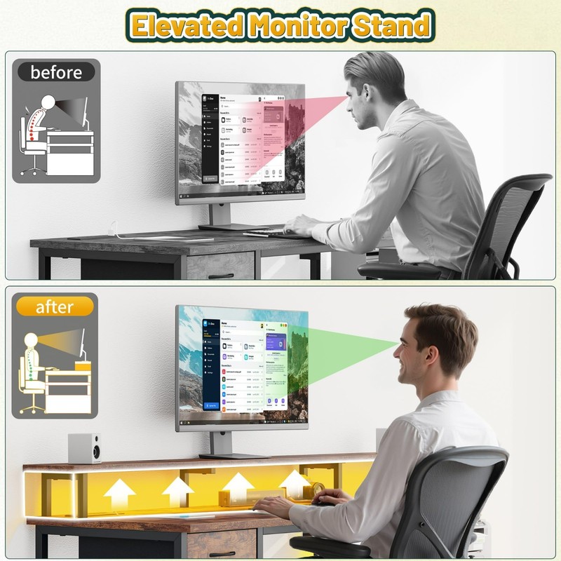 Home Office Study Table Work Computer Gaming Desk with Drawer & LED,Rustic Brown gallery
