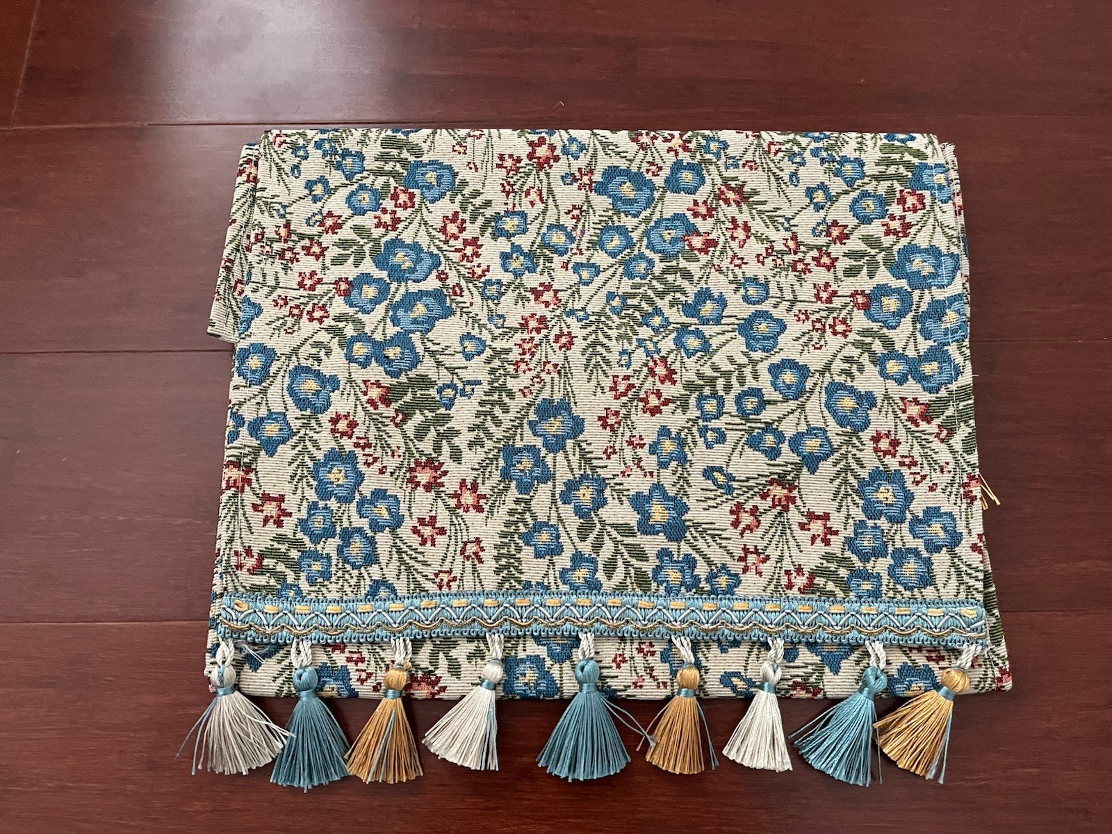 Blue Floral Tapestry Table runner With Tassels, Vintage Garden Pattern.12✖️71 in gallery