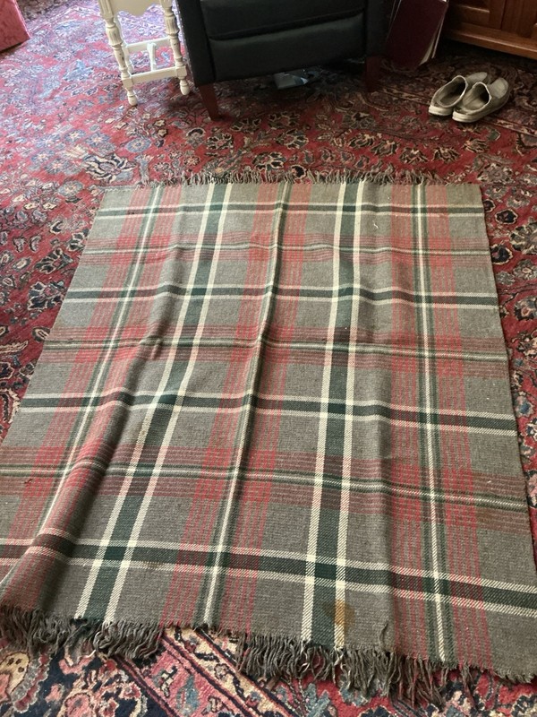 Plaid Wool Or Wool Blend, Sofa Throw, Some Spots n Loss Of Fringe 60 X 56” gallery