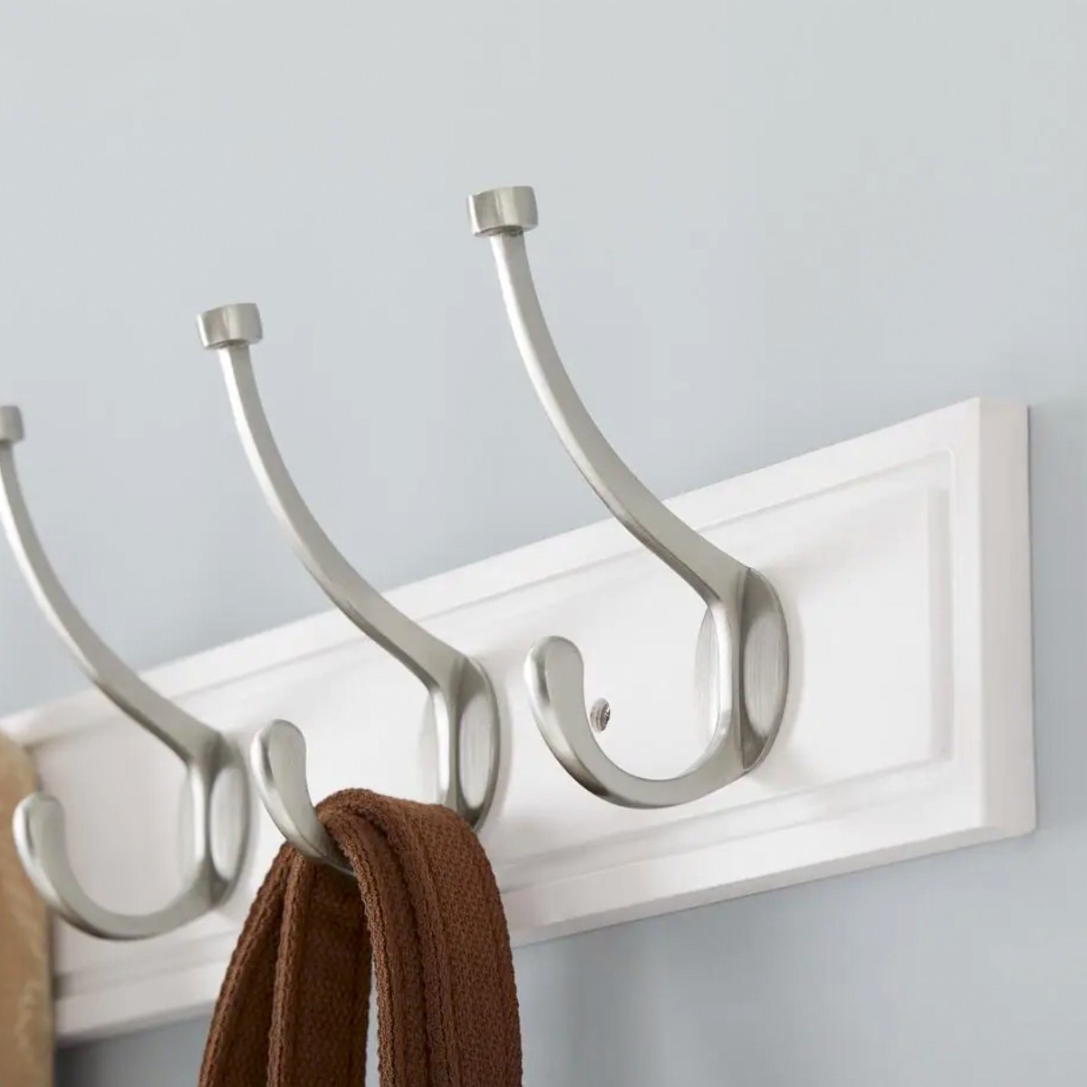 27-In White Wall Hook Rack with 5 Satin Nickel Hooks – Coat Hat Robe Organizer gallery
