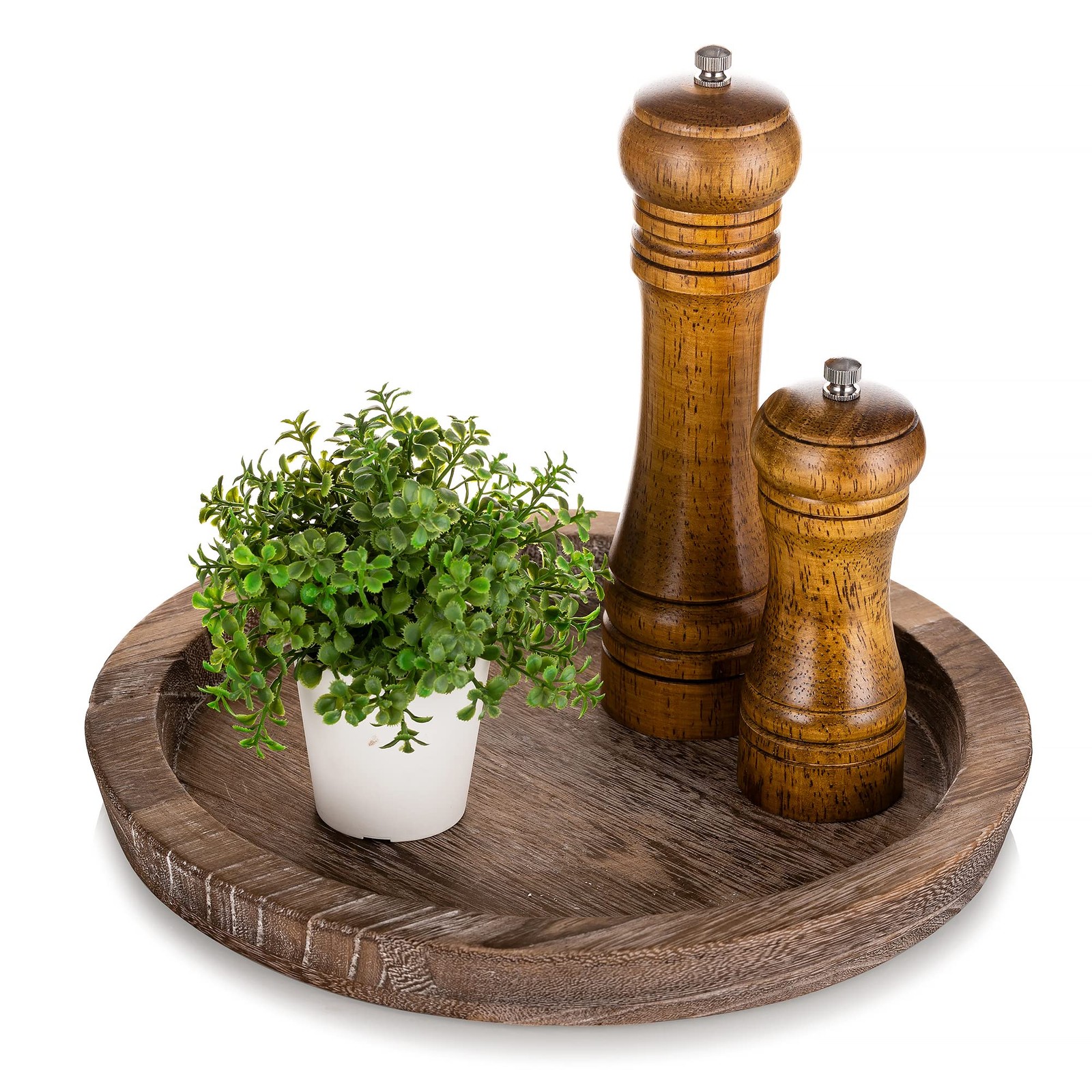 Hanobe Rustic Wooden Serving Tray-Round Wood Butler Decorative Tray Vintage gallery