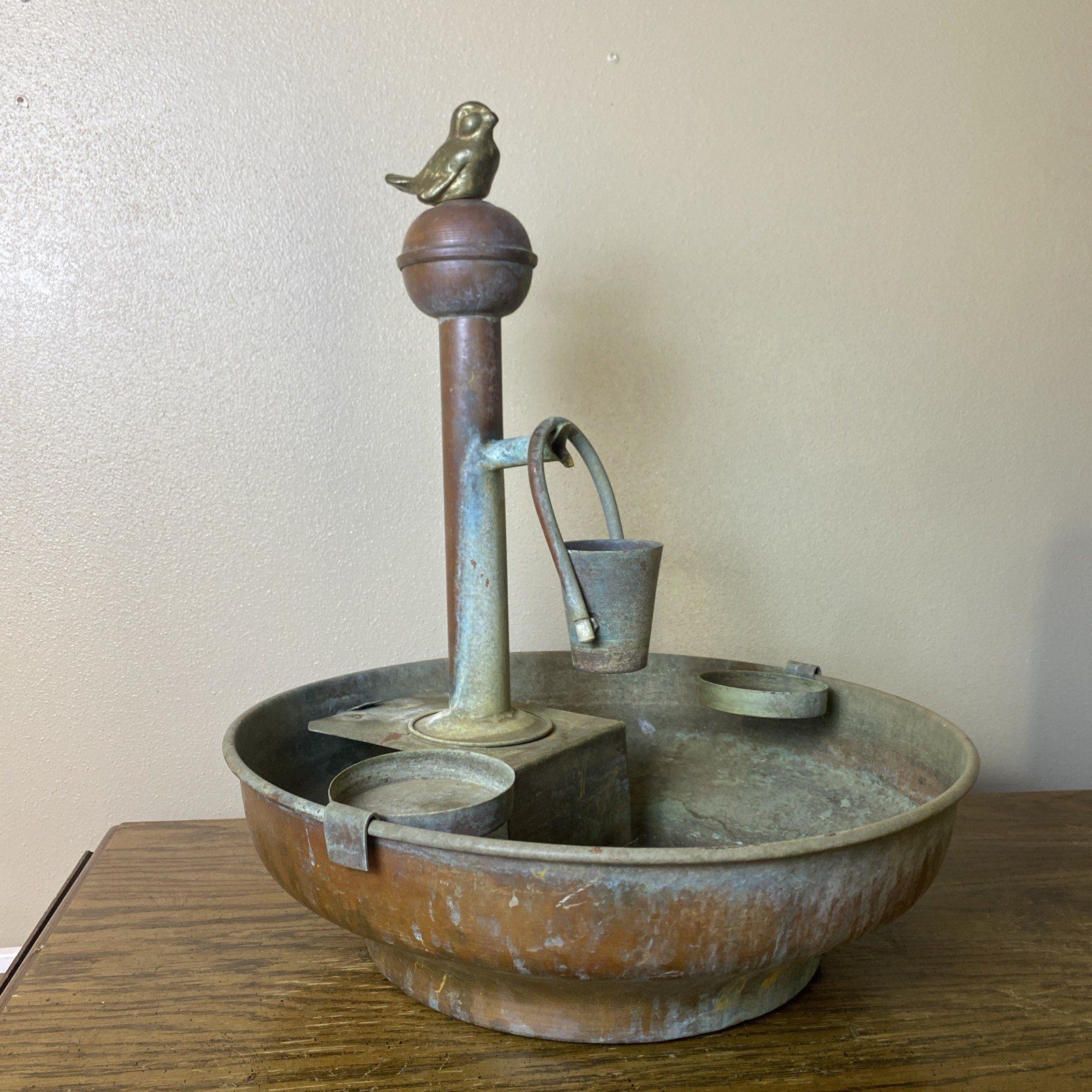 VTG Copper & Brass Tabletop Fountain Planter Indoor/Outdoor Bird Finial Patina gallery