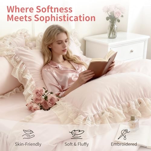 Queen Size French Chic Bedding Set 4-Piece - Romantic Lace Trim Washed Cotton,.. gallery