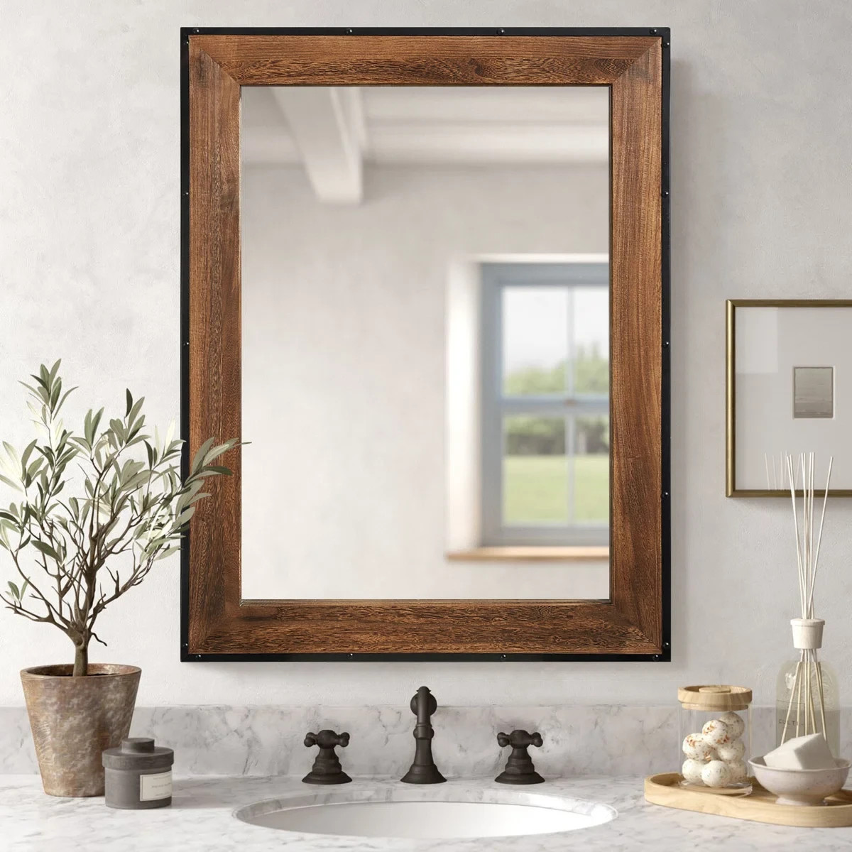 MAXYOYO Callah Wood Rectangle Wall Mirror,Farmhouse Rustic Bathroom Mirror gallery