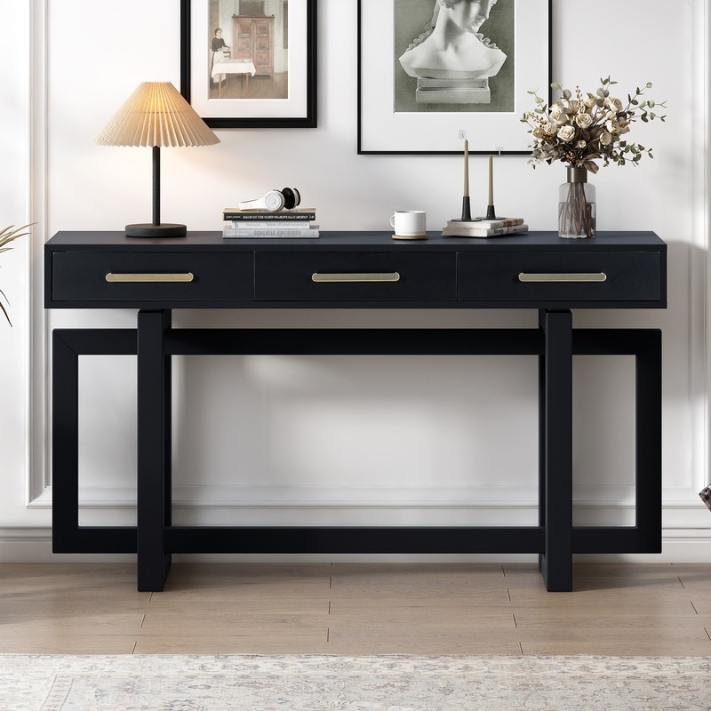 57" Modern Console Table with Geometric Interlocked Base and 3 Storage Drawers gallery
