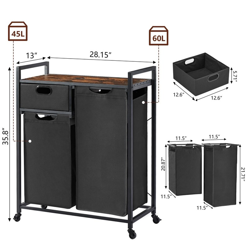 Large Rustic Brown & Black Laundry Basket with Wheels, 3 Compartments, 60L Ca... gallery