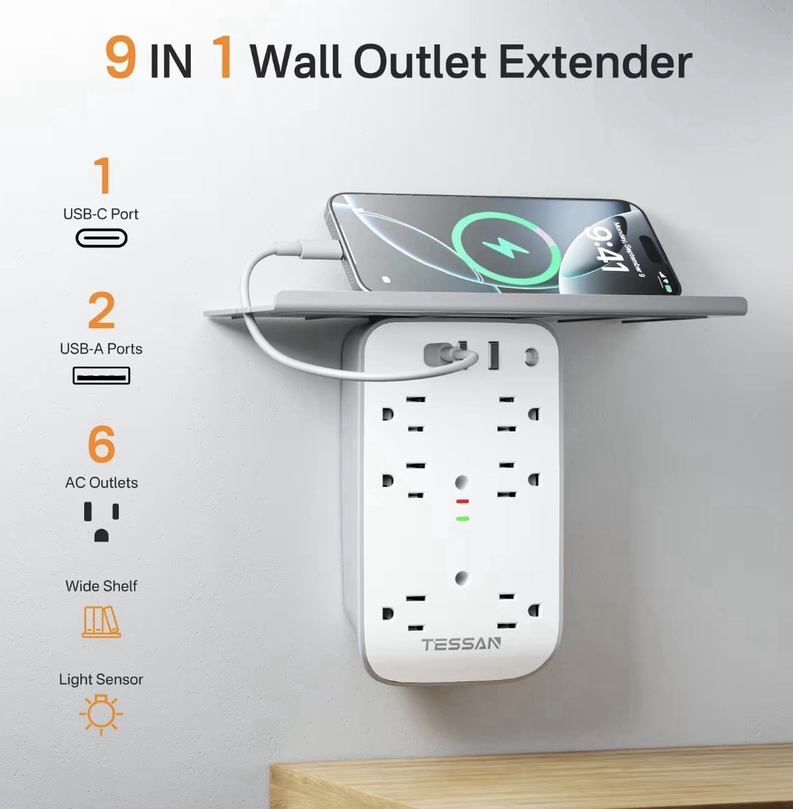 Wall Outlet Extender With Shelf And Night Light Multi-plug gallery