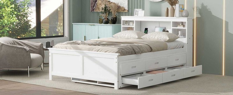 Full Size Platform Bed with Storage Headboard, USB, Twin Size Trundle and 3 Dr gallery