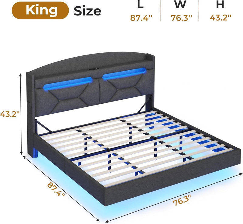 King Size Floating Bed Frame with Power Outlet, Storage Headboard with Hidden Cu gallery