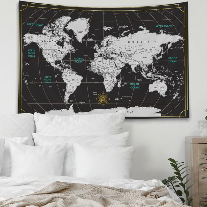 CAPSCEOLL World Map Tapestry Wall Hanging Black 40"L x 30"W, White 2 gallery