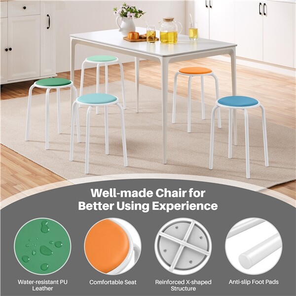 5pcs Faux Leather Padded Stack Stools Stacking Multicolor Metal Chairs 18" H gallery