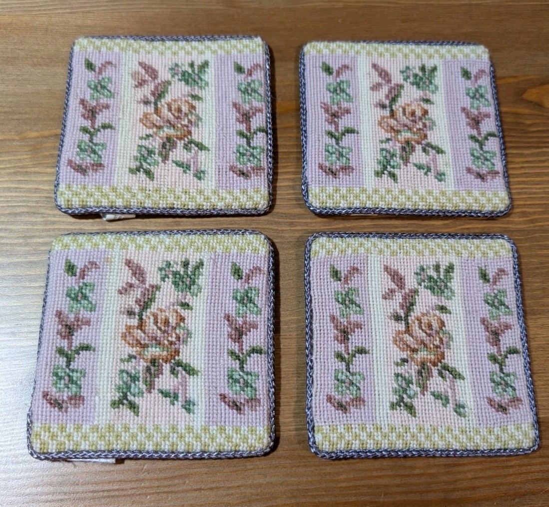 Tracy Porter Floral Needlepoint Wool Coasters, Set Of 4, Cottage Core Victorian gallery